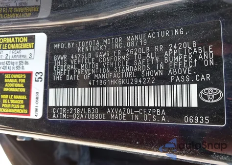 2019 Toyota Camry Xse from USA, damaged, VIN 4T1B61HK6KU294272